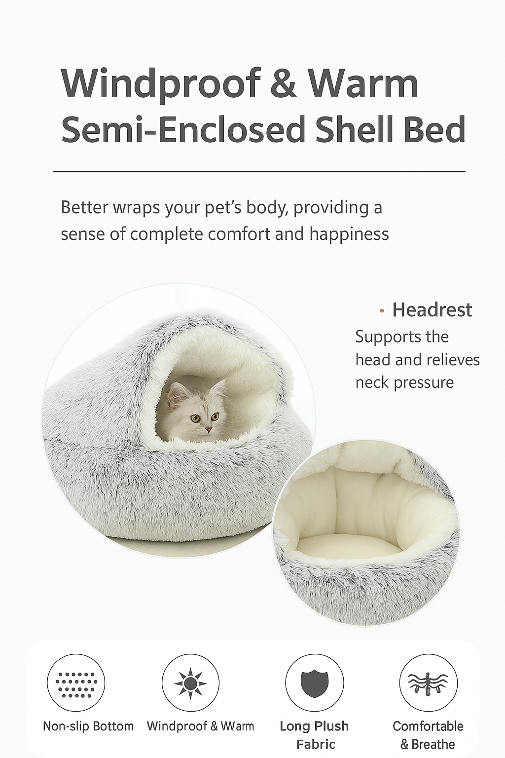 All-Season Insulated Shell-Shaped Semi-Enclosed  Bed - Stylish & Cozy Retreat for Cats & Dogs